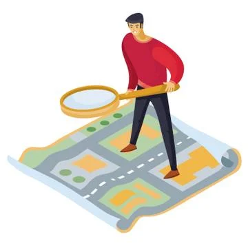 3d isometry, a man with a large magnifying glass in his hands is standing on the Stock Illustration