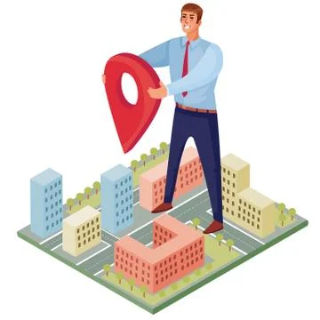 3D isometry, a man stands on a city map with models of houses and holds a Stock Illustration