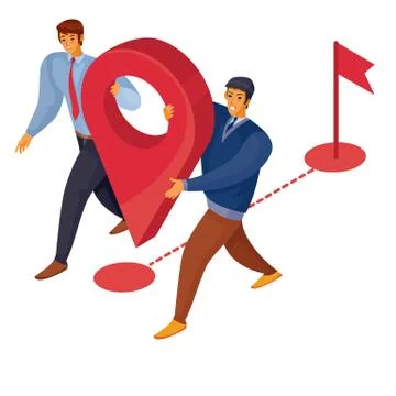 3d isometry, two people carry together a big red navigation icon, isolated Stock Illustration