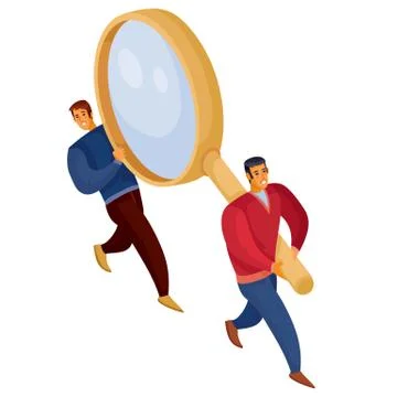 3d isometry, two strong men carry a large magnifier together, isolated object on Stock Illustration