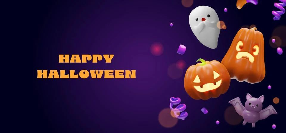 3D jack-o-lantern, a friendly ghost and a bat Stock Illustration