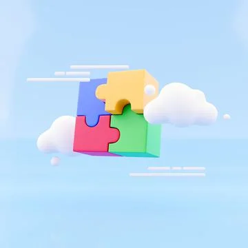 3D jigsaw puzzle pieces with cloud on blue background. Problem-solving, business Illustrazione stock