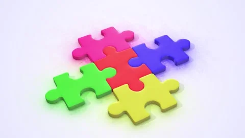 3D Jigsaw Puzzle Pieces on a Light Reflective Floor. Colorful Puzzle Pieces. 4K Video stock 302904575