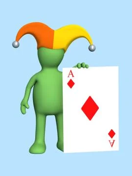 3d joker - puppet, holding in a hand of a red ace Stock Illustration