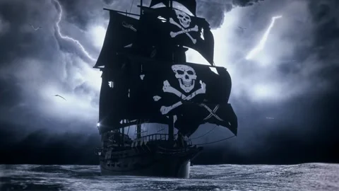 3D Jolly Roger Pirate Galleon in the middle of A Rough Sea - Loop Landscape Stock Footage