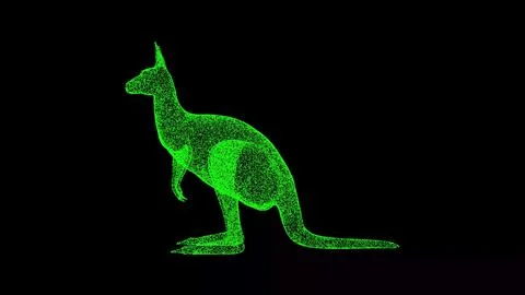 3D kangaroo on black background. Object made of shimmering particles. Wild .. Illustrazione stock