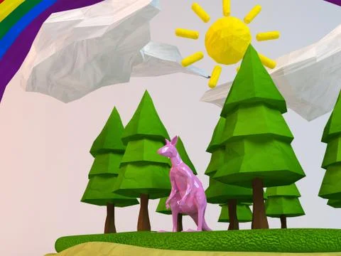 3d kangaroo inside a low-poly green scene Stock Illustration