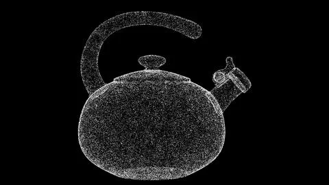 3D kettle on black background. Object made of shimmering particles. Kitchenwa Illustrazione stock