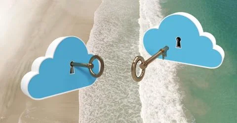 3D Key clouds floating over beach Stock Illustration