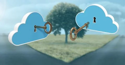 3D Key clouds floating over parting roads 写真素材