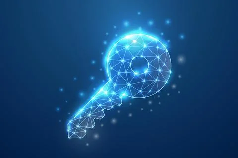 3d Key symbol with connected dots in blue low poly style. Security, secret Stock Illustration