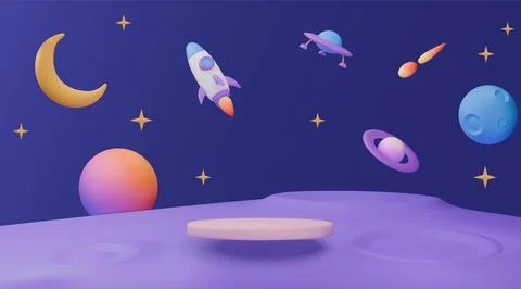 3d kid background. Galaxy space podium, rocket planet and toy spaceship as star Stock Illustration