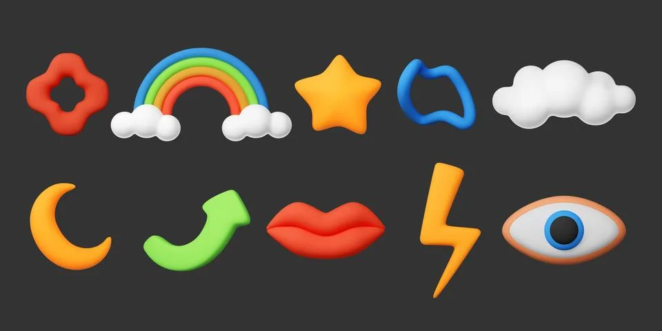 3D kid elements. Y2K shapes. Eye and rainbow. Puffy plastic cloud. Cute children Stock Illustration