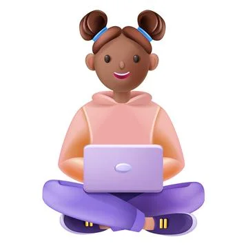 3D kid online, remote school education concept, vector cartoon sitting girl Ilustração Stock