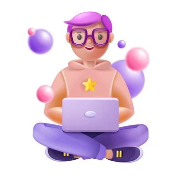3D kid online, school remote education concept, vector cartoon sitting boy Ilustração Stock