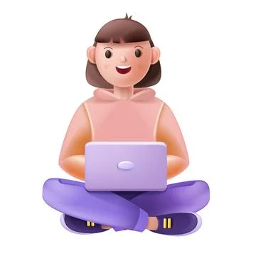 3D kid online, school remote education concept, vector cartoon sitting girl Ilustração Stock