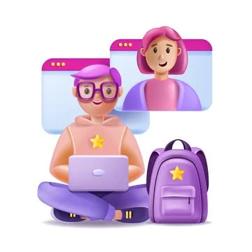 3D kid online, school remote education concept, vector cartoon sitting girl Ilustração Stock