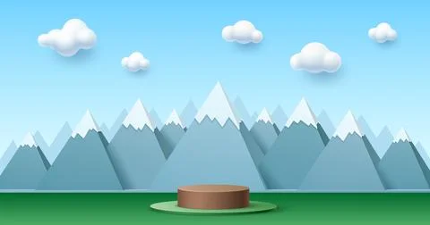 3D kid podium stage with mountain, sky and clouds Stock Illustration