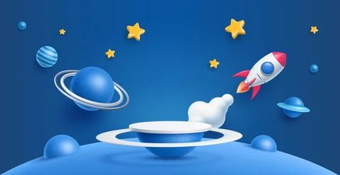 3D kid podium stage, space rocket, galaxy planets Stock Illustration