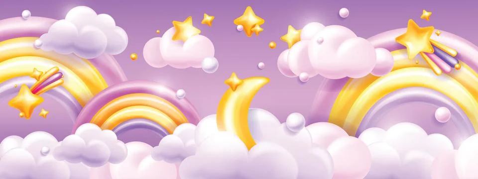 3D kid sky border, vector cute cartoon baby rainbow horizontal banner Illustrazione stock