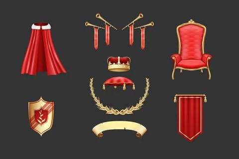 3d king elements, queen gold crown. Royal golden trumpet, prince or knight Stock Illustration