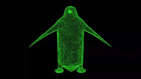 3D king penguin on black background. Object made of shimmering particles. Wil Stock Illustration
