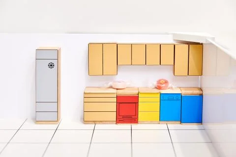 3D kitchen design, modeling, interior, cardboard shapes Stock Photos