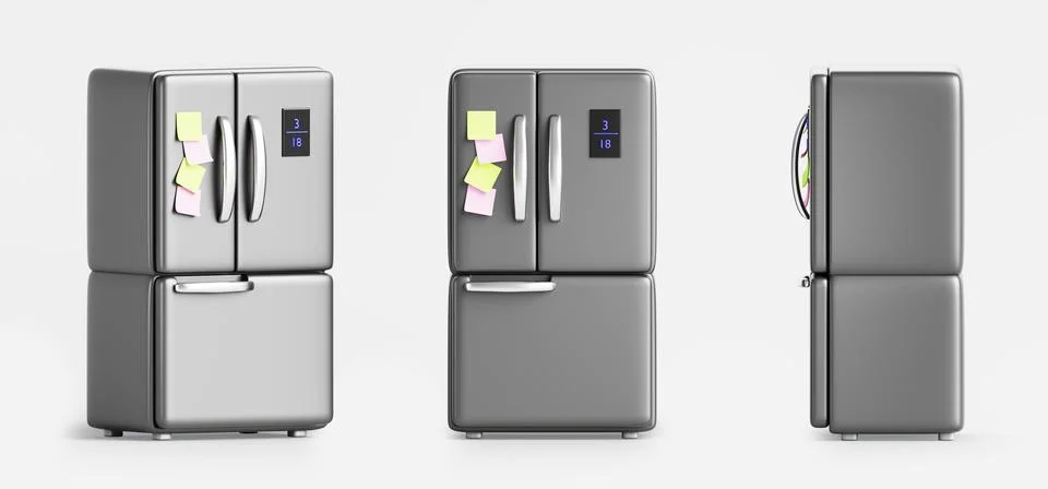 3d kitchen fridge front, side and angle view. Silver french door refrigerator Illustrazione stock