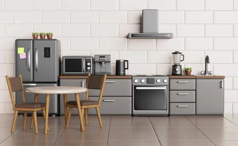 3d kitchen interior with dining table, fridge, oven and hood. Home room with Illustrazione stock