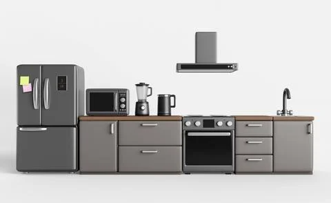 3d kitchen room interior set, furniture and appliances. Refrigerator, gas stove Illustrazione stock