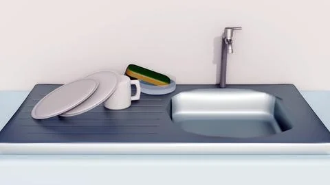 A 3d kitchen sink setup where cleaning sponge rests on top of a bar of soap. Stock Illustration