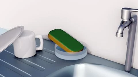 A 3d kitchen sink setup where cleaning sponge rests on top of a bar of soap. Stock Illustration