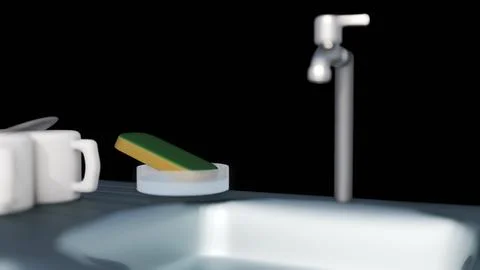 A 3d kitchen sink setup where cleaning sponge rests on top of a bar of soap. Stock Illustration