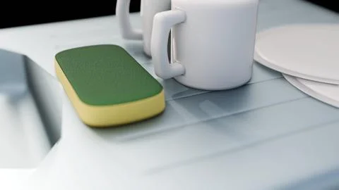 A 3d kitchen sink setup where cleaning sponge rests on top of a bar of soap. Stock Illustration