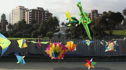 3D Kites flying in wind at StKilda foreshore, Victoria, Australia Stock Footage 11241057