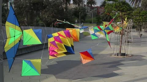 3D Kites flying in wind at StKilda foreshore, Victoria Australia Stock Footage 11241440