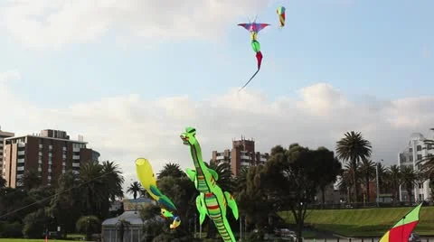 3D Kites flying in wind at StKilda foreshore, Victoria Australia. Stock Footage 11241677