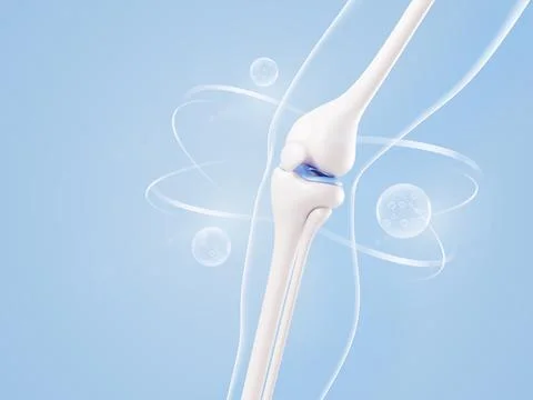3D knee joint anatomy with clear gel cream drops on medical blue background Stock Illustration