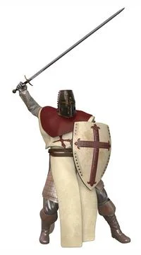 3D Knight in Armor with Red Cross Shield Stock Illustration