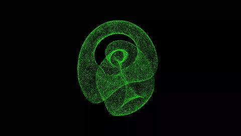 3D knot on black background. Object dissolved green flickering particles. B.. Ilustração Stock