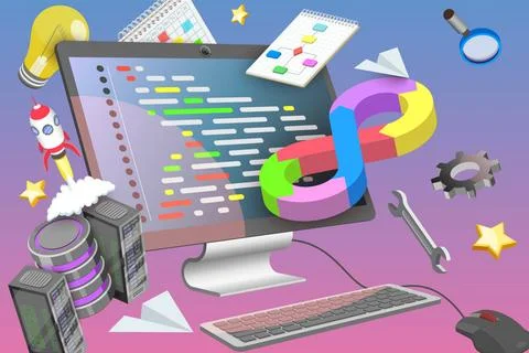 3D-Konzeptabbildung von DeVops, Technik und Programmierung3D-Konzeptab... Stock Photos