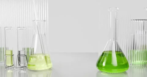 3d laboratory composition of chemical glassware filled with liquids of green Stock Footage 333769604