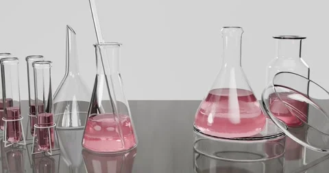3d laboratory composition of various chemical dishes with a liquid of pale p Stock Footage 333769643