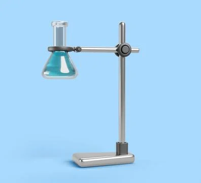 3d laboratory tripod with erlenmeyer flask render. Chemical lab equipment, metal Illustrazione stock