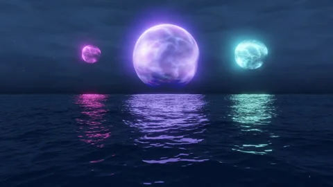 3D Landscape With Holograms Of Planets Above The Water Surface. Stock Footage 256115595