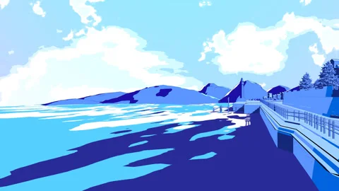 3D landscape view of the road and ocean in stylized toon shader. 4k Vidéo 255102796