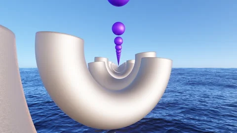 3D Landscape With A Water Over Which Geometric Shapes Rotate. Stock Footage 255749994