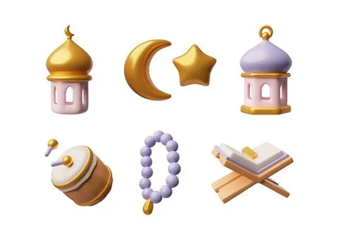 3D lanterns, golden crescent moon with star, rosary, Koran book and drum Illustrazione stock
