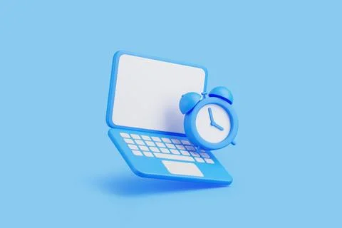 3D Laptop with Alarm Clock Symbolizing Time Management Illustrazione stock