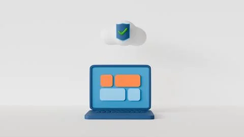 3d laptop and cloud storage and security sign on white background, technology Stock Photos